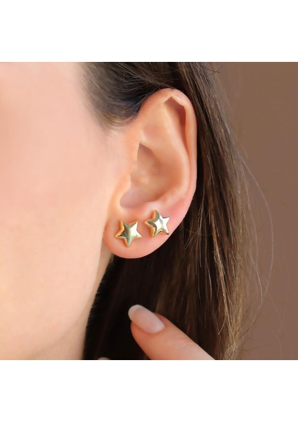 Yıldızlı Bombeli Gold Nokta Gümüş Küpe