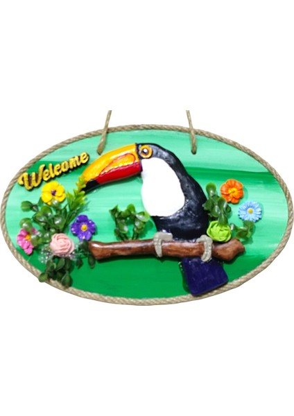Tukan Kuşu Figürlü Welcome Yazılı Dekoratif Kapı Süsü - Renkli El Yapımı Dekor
