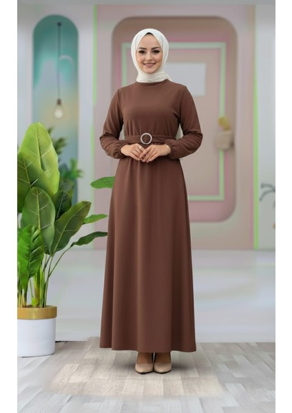 Kemer Detaylı Lastik Kollu Uzun Tesettür Elbise indirimleri
