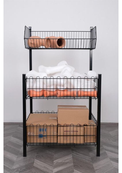 60*80 Profil Ayaklı 3 Katlı Siyah Sepet