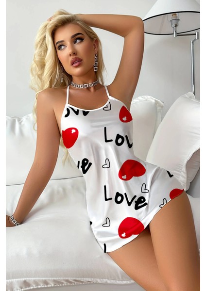 Love Desenli Beyaz Saten Gecelik modelleri