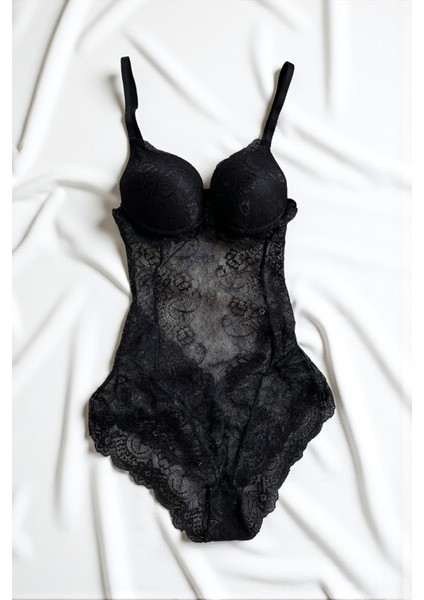 Siyah Dantelli Dolgulu Bodysuit Babydoll
