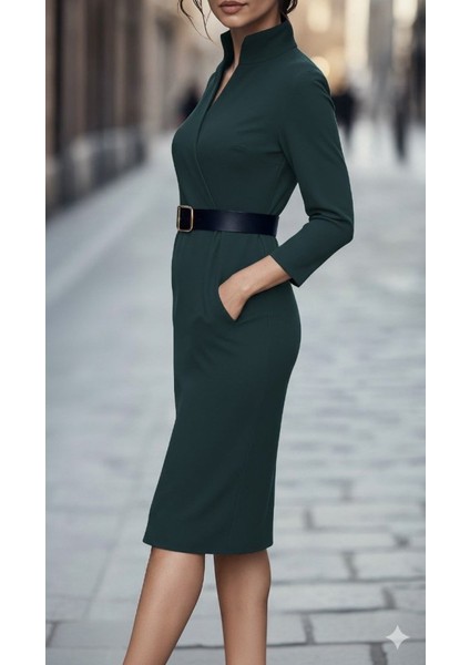 Kadın Uzun Kollu Hakim Yaka Beli Kemerli Cepli Midi Ithal Krep Elbise fiyatları