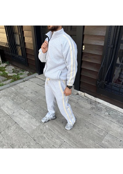 Erkek Çift Şeritli Eşofman Takım Dik Yaka Fermuarlı Sweatshirt Boru Paça Alt, Oversize 3 Iplik Pamuklu - Gri fiyatları