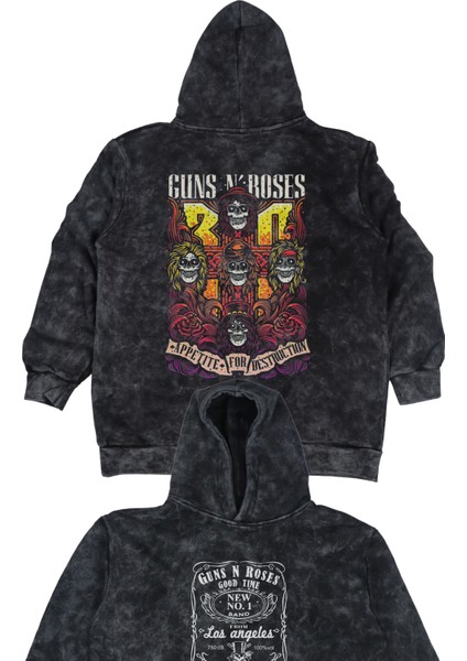 Unisex Guns N'roses Sırt Baskılı Kapüşonlu Yıkamalı Sweatshirt, Oversize Rock Band Baskılı Hoodie