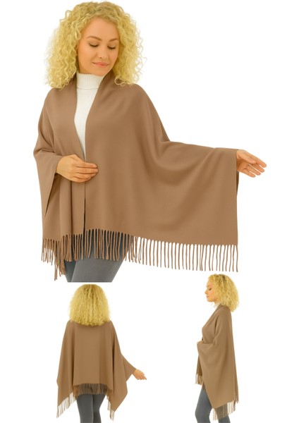 1 Adet Kadın Büyük Bedene Uygun Ekstra Yumuşak Dokulu Püskül Detaylı Kışlık Atkı Omuz Şalı
