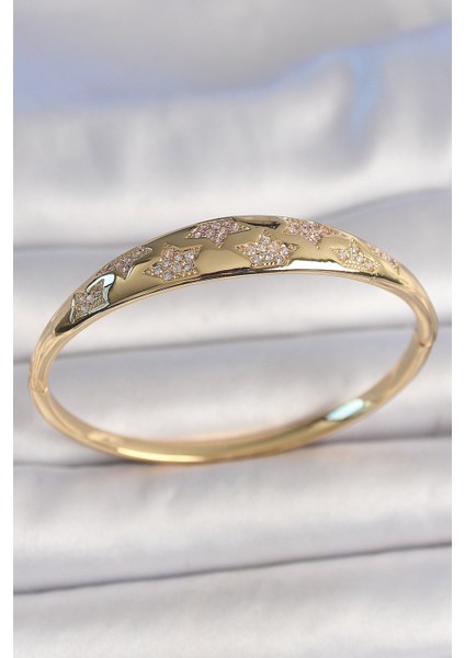 Pirinç Gold Renk Zirkon Taşlı Yıldız Işlemeli Kadın Kelepçe