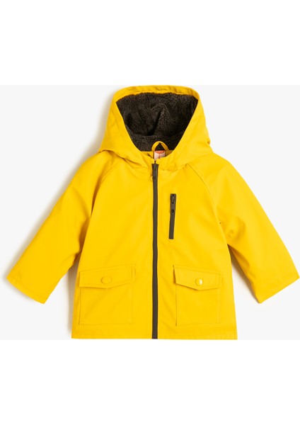 Kapşonlu Yağmurluk Peluş Astarlı Su Geçirmez Kapaklı Cepli