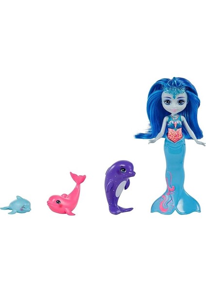 HCF72 - Royal Enchantimals Dorinda Dolphin Oyuncak Bebek Ailesi (Yakl. 15 Cm), Çıkarılabilir Palet ve 3 Deniz Atı Hayvan Figürü, 3 Yaşından Büyük Çocuklar Için Harika Bir Hediye