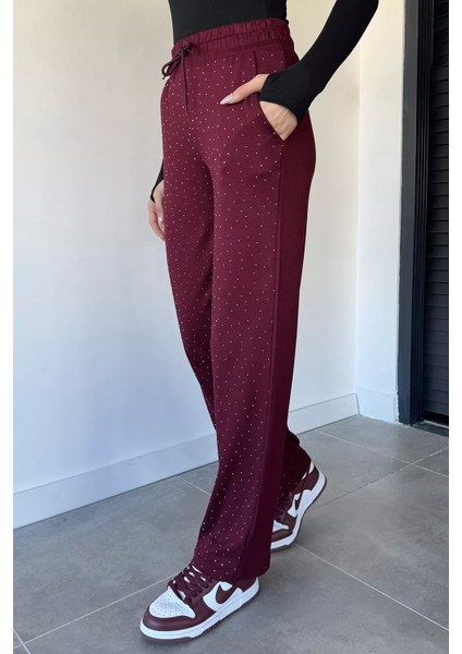 Kadın Yüksek Bel Taş Işlemeli Çift Cepli Bel Lastikli Pantolon P-00018985