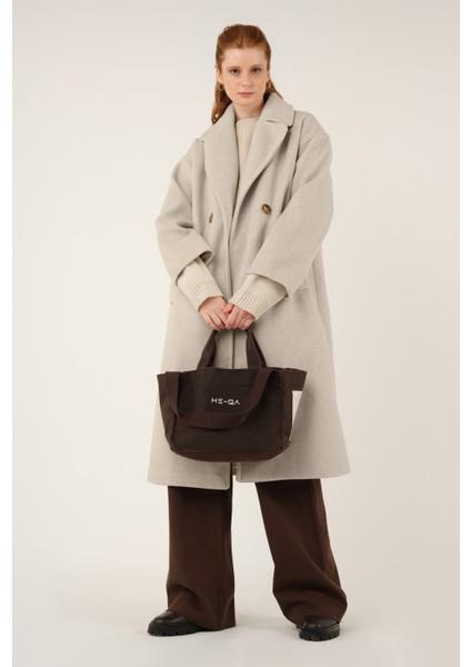 Kruvaze Düğmeli Kaşe Kaban Bej