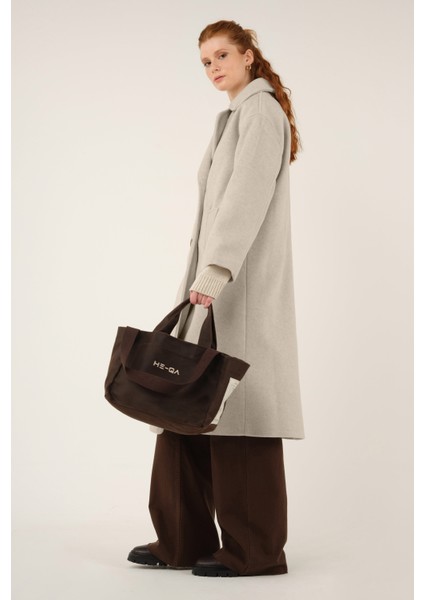 Kruvaze Düğmeli Kaşe Kaban Bej