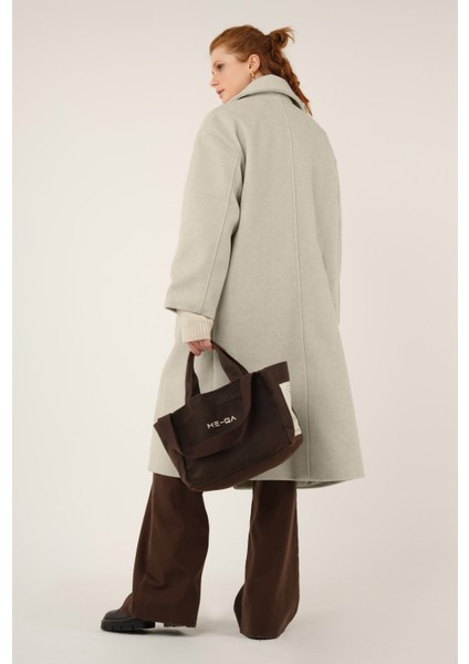 Kruvaze Düğmeli Kaşe Kaban Bej