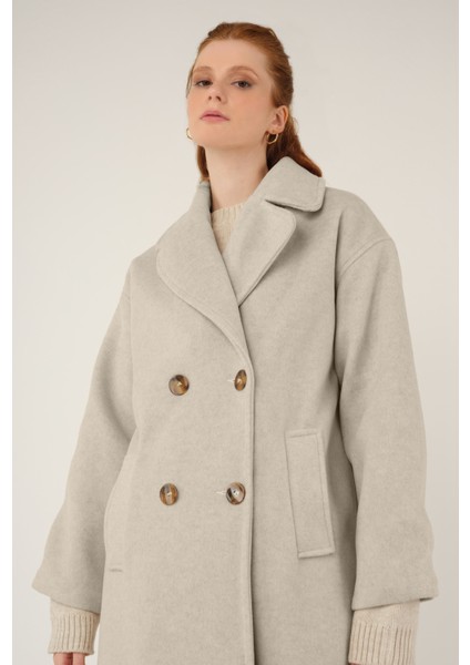 Kruvaze Düğmeli Kaşe Kaban Bej