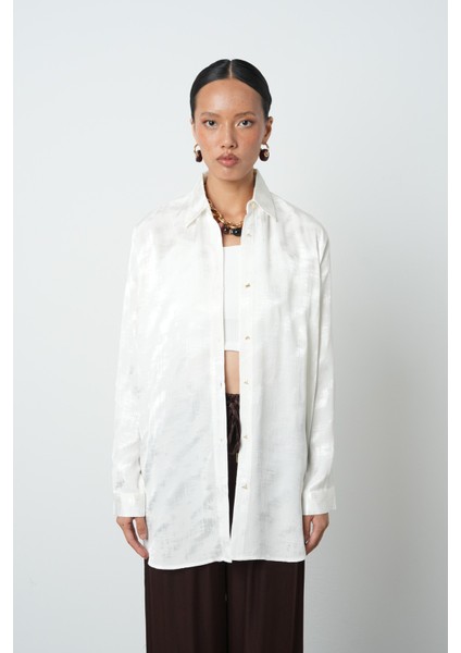 Kadın Ekru Renk Desenli Oversize Kesim Tesettür Gömlek