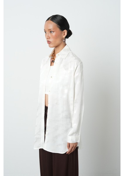 Kadın Ekru Renk Desenli Oversize Kesim Tesettür Gömlek fiyatları