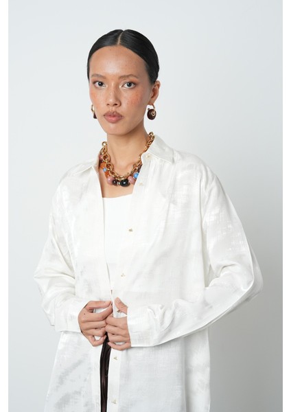 Kadın Ekru Renk Desenli Oversize Kesim Tesettür Gömlek modelleri