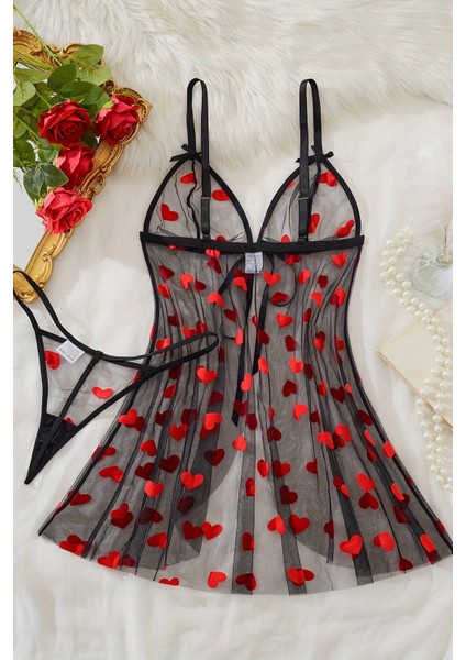 Kalp Desenli Siyah Transparan Gecelik TM1378 fırsatları