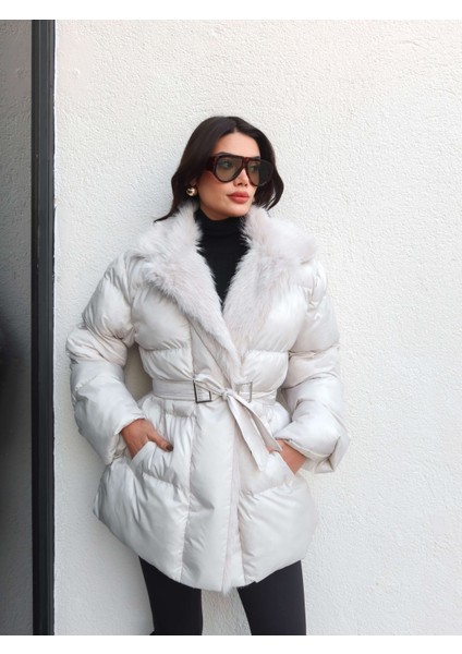 Yaka Kürk Kemerli Şişme Mont