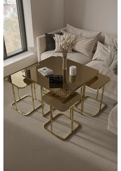 Kare Pizza Orta Sehpa Gold/bronz Cam Radüslü 4+1