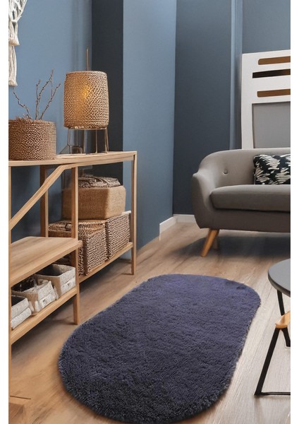 Antrasit Oval Post Halı Peluş Yumuşak Kaymaz Dot Taban Antibakteriyel Makinada Yıkanabilir Yolluk