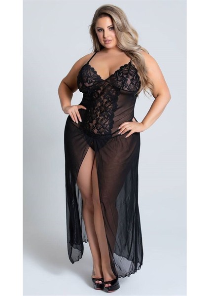 Fantazi Uzun Büyük Beden Gecelik 3253 3xl-4xl - Siyah