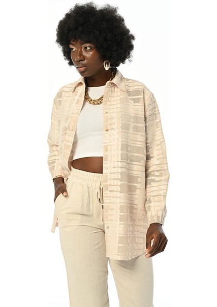 Kadın Krem Transparan Desenli Oversıze Gömlek modelleri