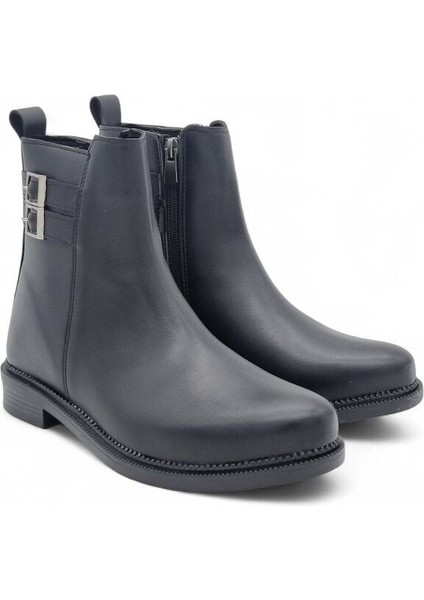 Kadın Alçak Taban Fermuarlı Çift Toka Detaylı Siyah Bot 40 - Siyah