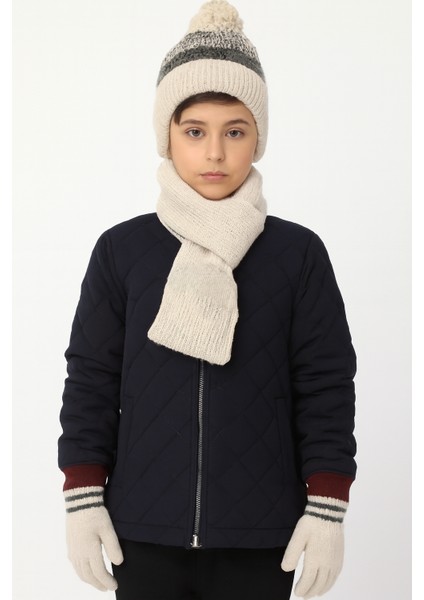 Genç Erkek 9-15 Yaş Ponponlu Bere Atkı Eldiven 3'lü Takım Bej