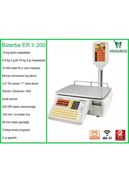 Erıı 200 Etiketli Barkodlu Terazi 15 kg Wifi