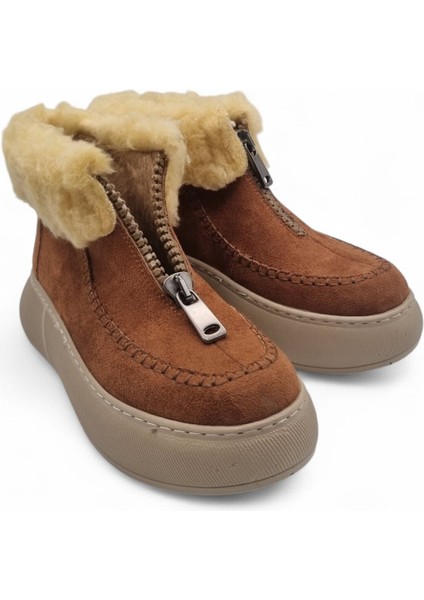 Kadın Kalın Taban Kürk Astarlı Önden Fermuarlı Bot Taba - 36 fiyatları