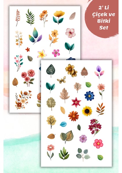 2'li Soft Çiçekve Bitki Temalı Sticker Seti / Bullet Journal Scrapbook Kolaj Için Uygun