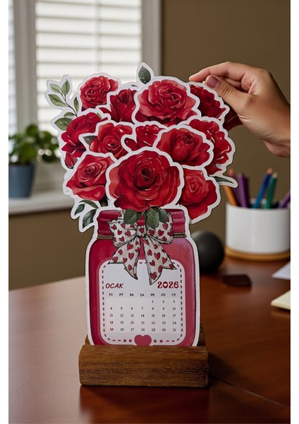 2026 Ahşap Ayaklı Çiçekli Özel Tasarım Takvim, Kırmızı Gül 2026 Takvim(Tatil Günleri Belirtilmiştir)