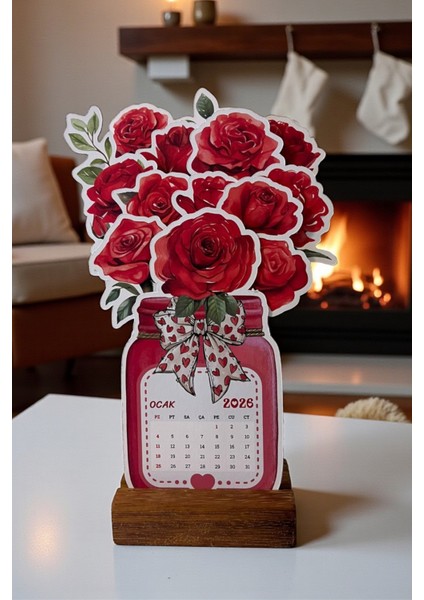 2026 Ahşap Ayaklı Çiçekli Özel Tasarım Takvim, Kırmızı Gül 2026 Takvim(Tatil Günleri Belirtilmiştir) modelleri