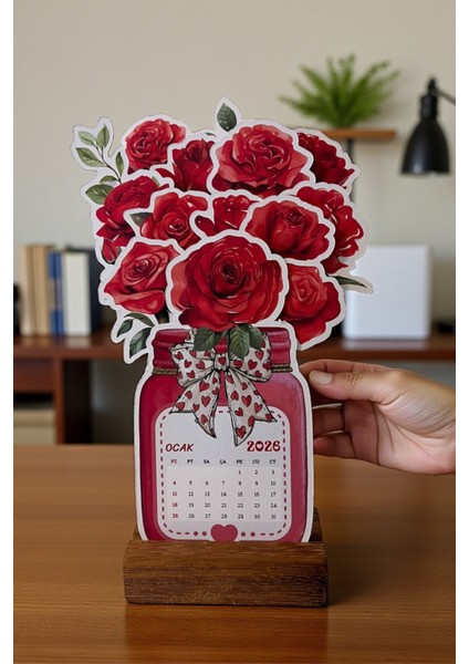 2026 Ahşap Ayaklı Çiçekli Özel Tasarım Takvim, Kırmızı Gül 2026 Takvim(Tatil Günleri Belirtilmiştir) fırsatları