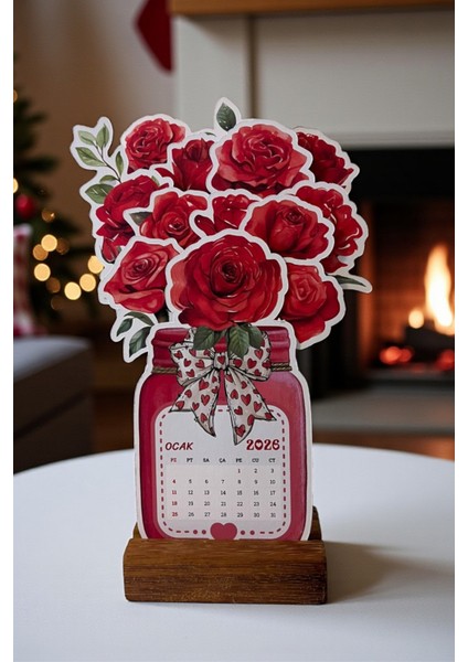 2026 Ahşap Ayaklı Çiçekli Özel Tasarım Takvim, Kırmızı Gül 2026 Takvim(Tatil Günleri Belirtilmiştir) indirimleri