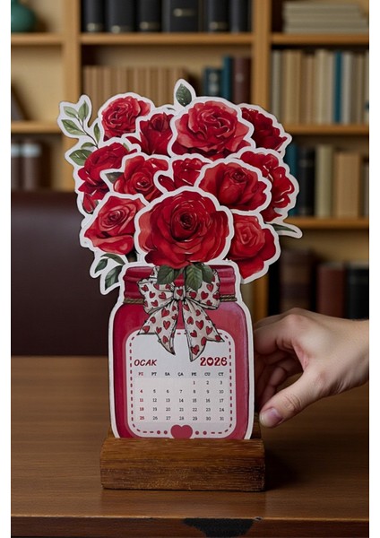 2026 Ahşap Ayaklı Çiçekli Özel Tasarım Takvim, Kırmızı Gül 2026 Takvim(Tatil Günleri Belirtilmiştir)