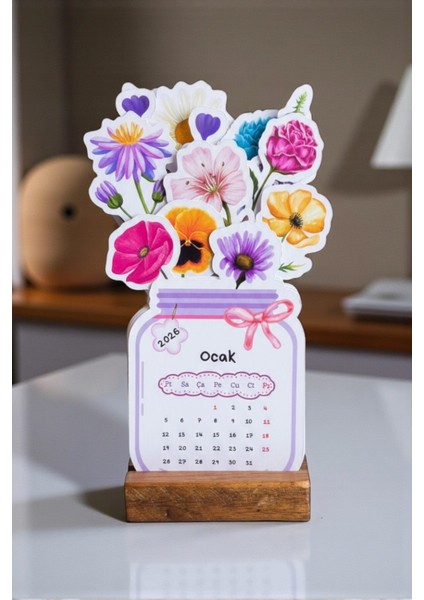 2026 Ahşap Ayaklı Çiçekli Özel Tasarım Takvim 2026 Masa Üstü Takvim