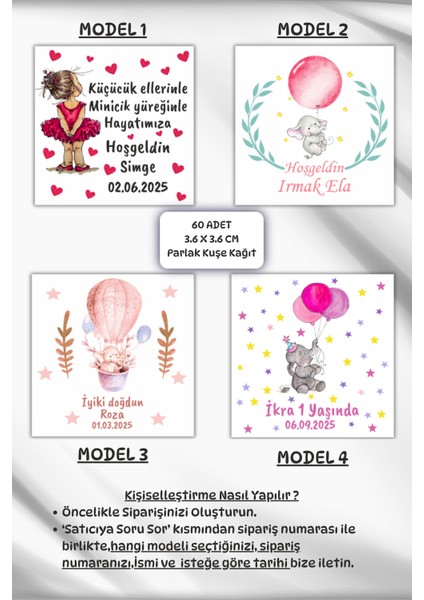 Kare Çikolata Etiketi/kişiye Özel Hoşgeldin Bebek/doğum Günü Etiketi/sticker - 3,6x3,6 cm 60 Adet