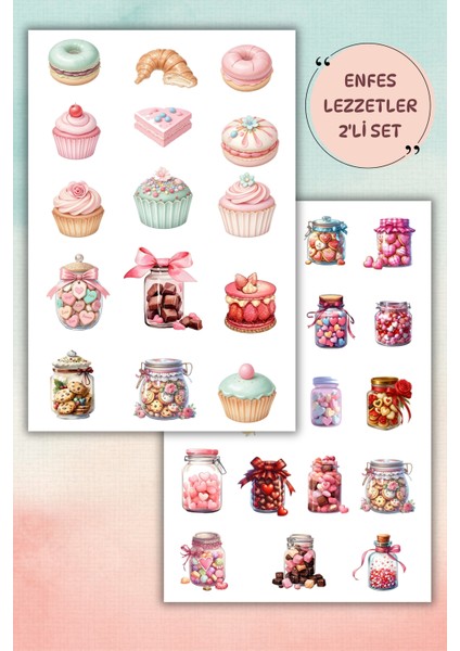 2'li Enfes Tatlar Temalı Sticker Seti / Bullet Journal Scrapbook Kolaj Için Uygun