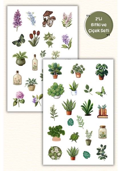 2'li Çiçek,bitki Temalı Sticker Seti / Bullet Journal Scrapbook Kolaj Için Uygun
