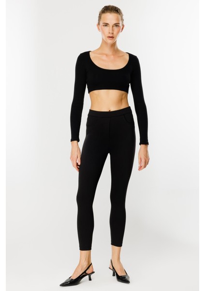 Kalın Kumaş Yüksek Bel Tayt Pantolon-Siyah