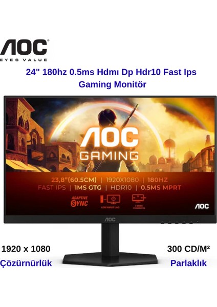 24" 180Hz 0.5ms HDMI Dp Adaptivesync HDR10 Fhd Fast IPS Gaming Monitör+Displayport Kablo Hediye