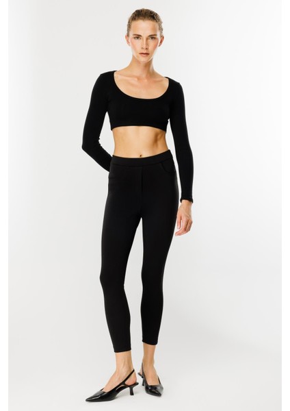 Kalın Kumaş Yüksek Bel Tayt Pantolon-Siyah indirimleri