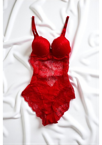 Kırmızı Dantelli Dolgulu Bodysuit Babydoll