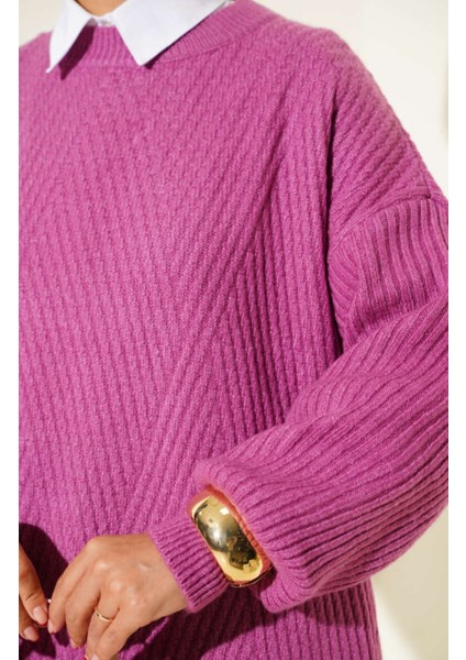 Kabartma Asimetrik Çizgili Uzun Kollu Triko Tunik