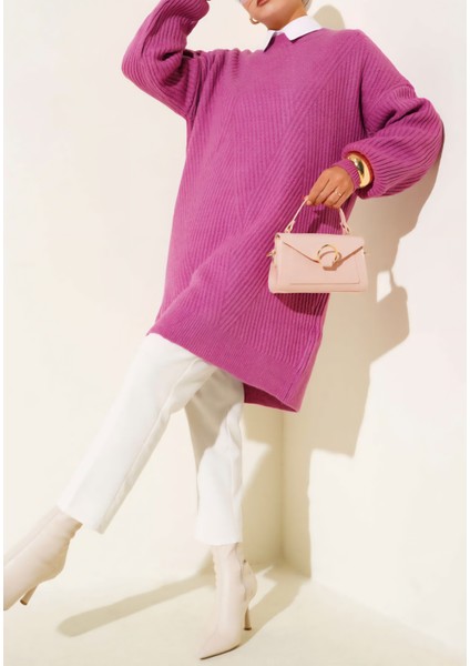 Kabartma Asimetrik Çizgili Uzun Kollu Triko Tunik fiyatları