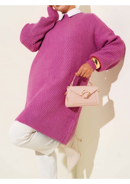 Kabartma Asimetrik Çizgili Uzun Kollu Triko Tunik fırsatları