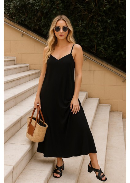 Askılı Modal Elbise Siyah