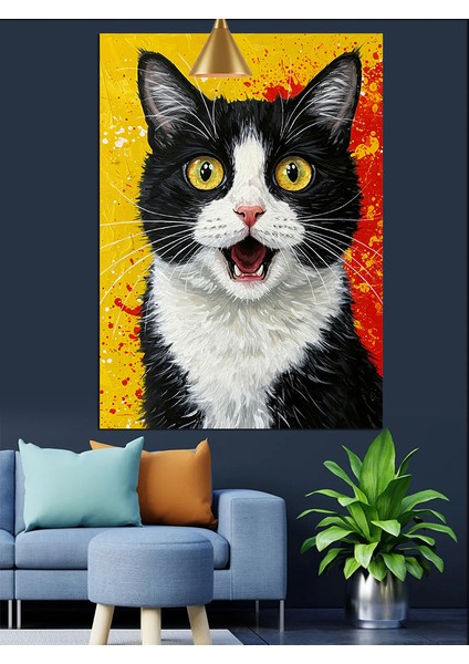 Şaşkın Surat Ifadesi Olan Siyah Beyaz Kedi Dekoratif Kanvas - Mdf Ahşap Tablo